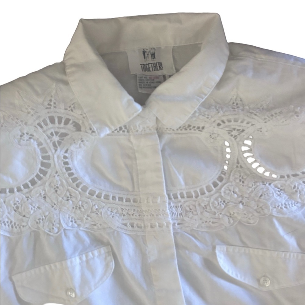 Vintage white lace appliqué western style button down blouse- cotton - XL - Picture 6 of 8